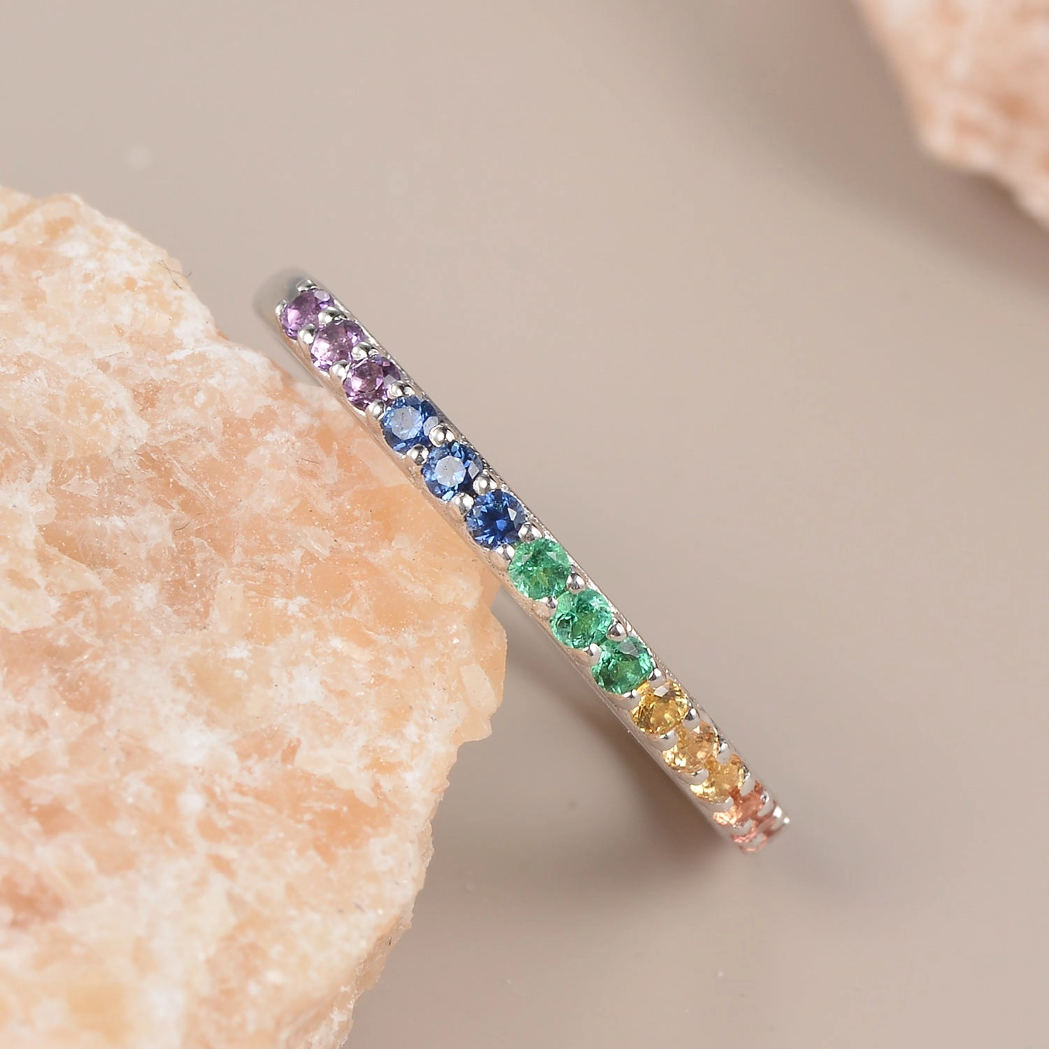 Minimalist Rainbow Lab Sapphire Gemstones Half Eternity Stacking Ring Refined Style
