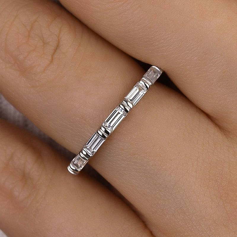 Luminous Finish Louily Fashion Emerald Cut Diamond Women's Wedding Band In Sterling Silver