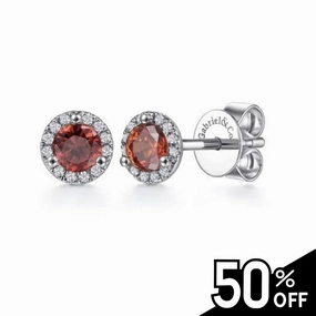 14K White Gold Halo Garnet and Diamond Stud Earrings Modern Flow Graceful Fashion