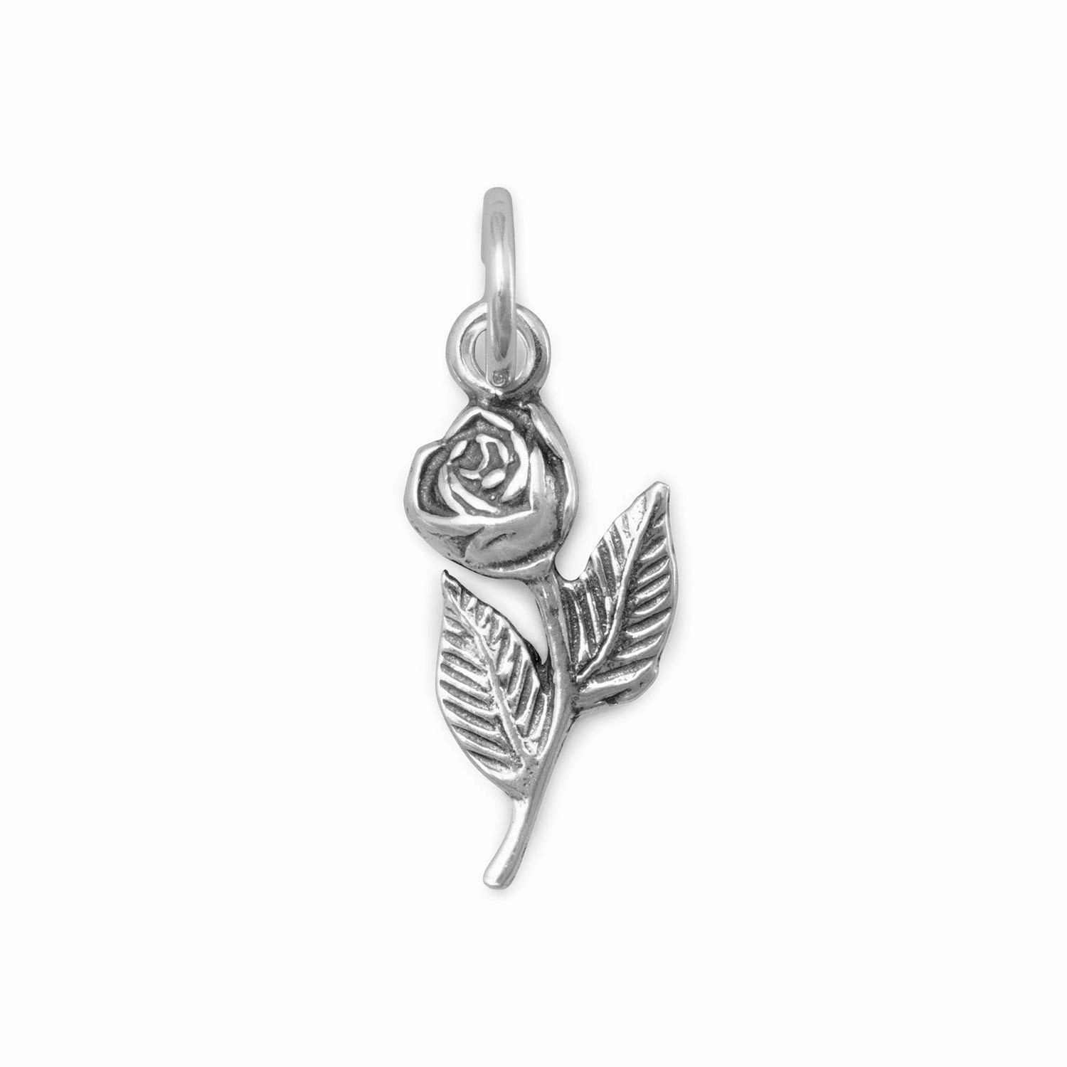 Runway Inspired Daring Look Rose with Stem and Leaves Charm Sterling Silver, Made in the USA