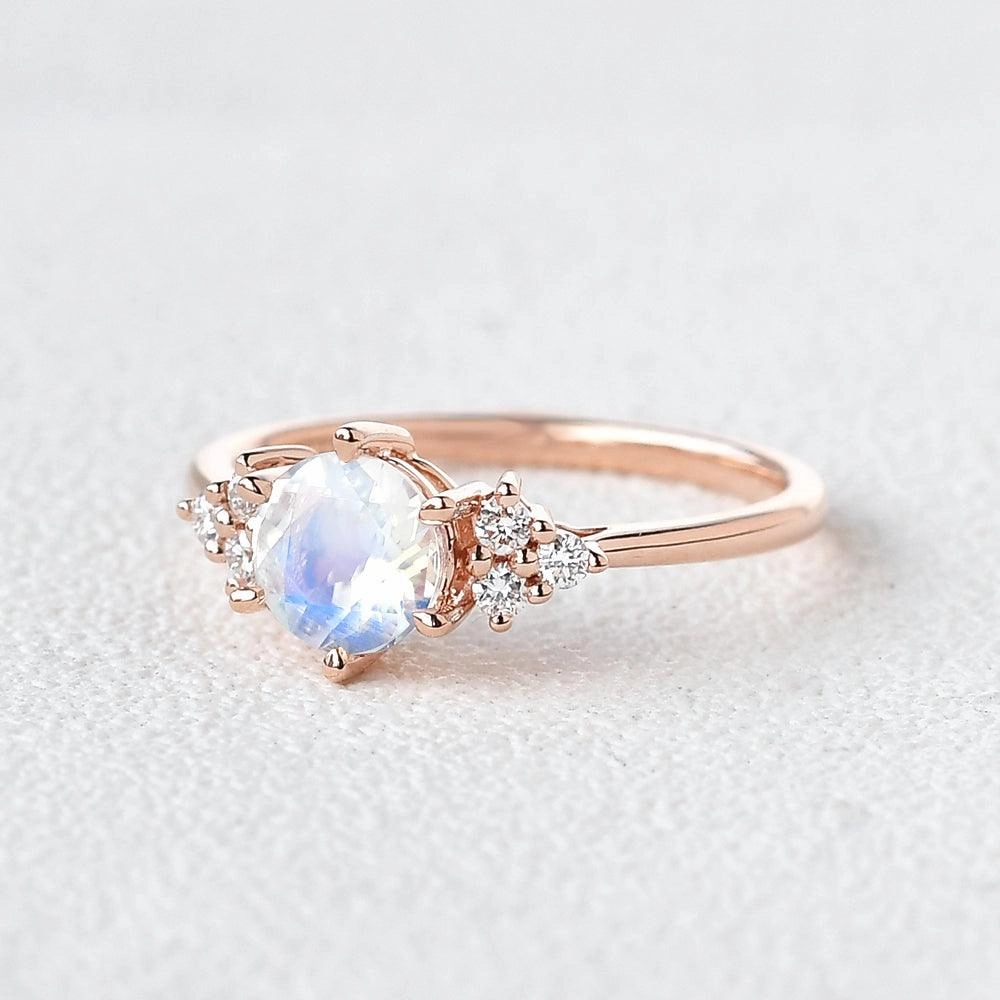 Round Blue Moonstone & Moissanite Rose Gold Ring Vibrant Glow Formal Detail
