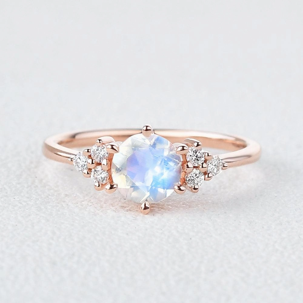 Round Blue Moonstone & Moissanite Rose Gold Ring Classic Craft Impressive Finish
