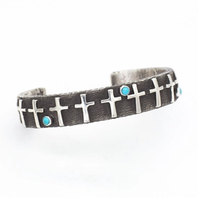 Ernest Rangal Navajo Handmade Tufa Cast Sterling Silver Turquoise Cuff Bracelet Urban Mood Sophisticated Shine Pieces
