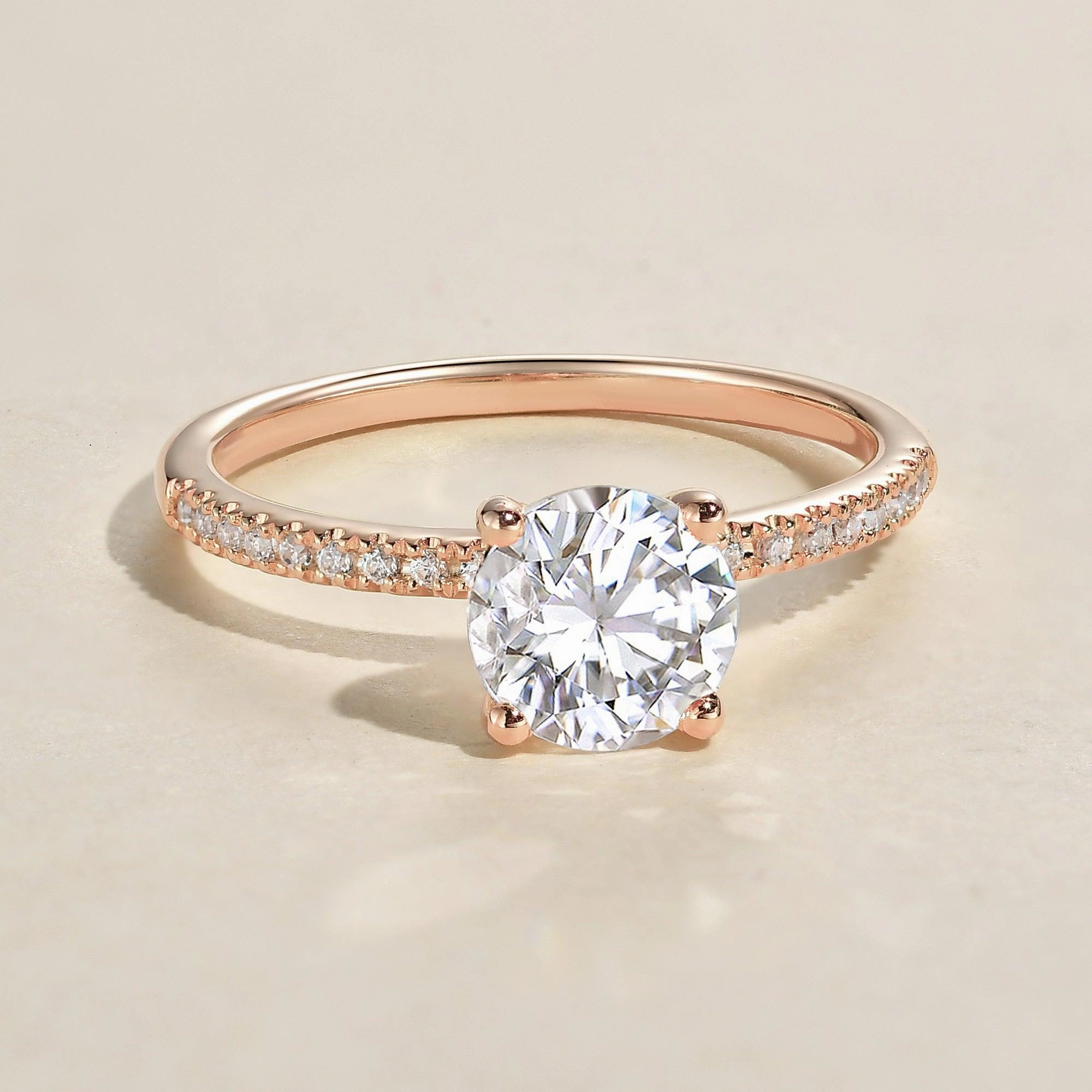 1.0ct Round Moissanite Four-Prong Classic Solitaire Ring Sculpted Detail Soft Glimmer