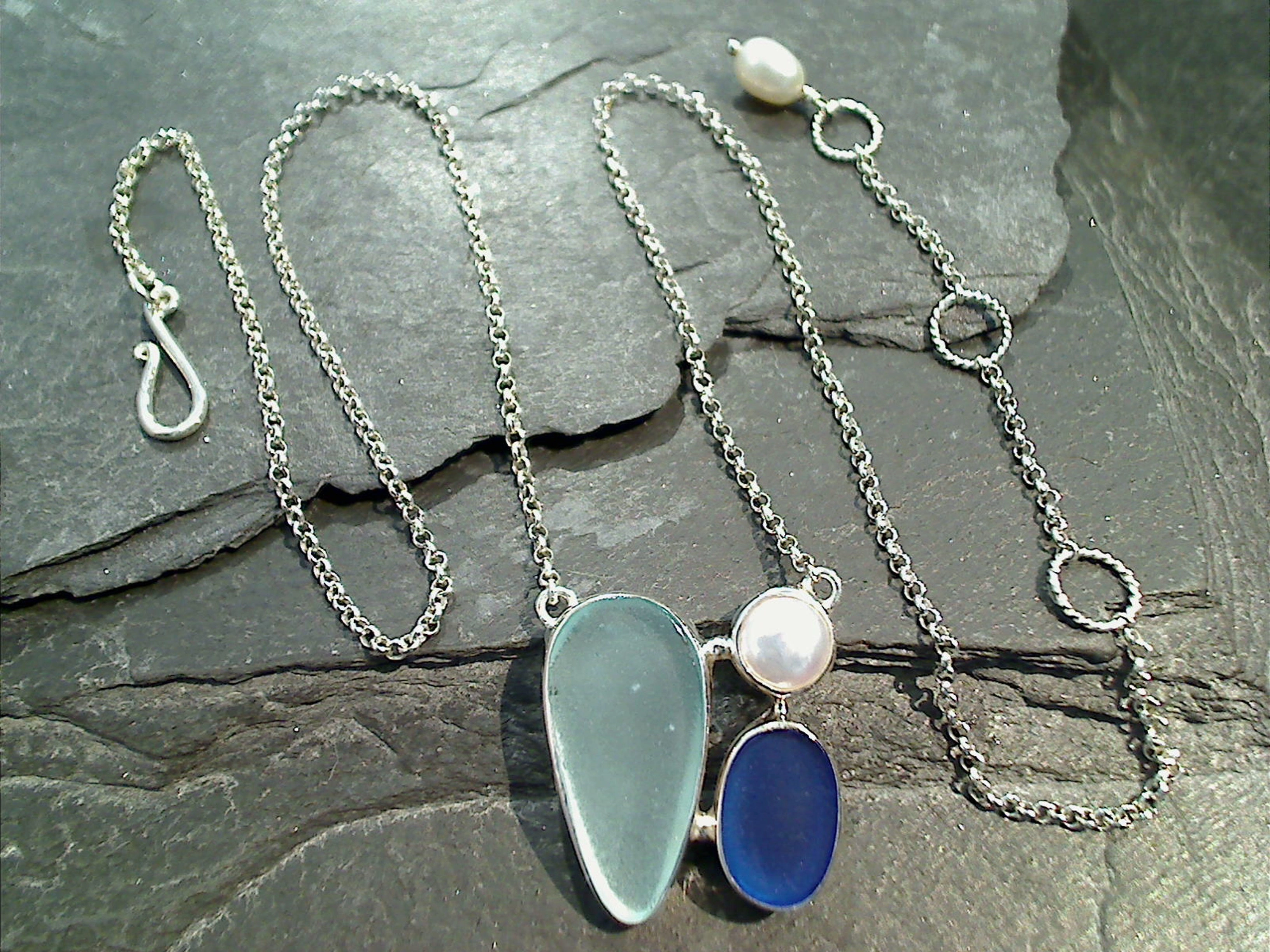 Providing Accessory Effortless Accent 16" - 18" Sea Glass, Pearl, Sterling Silver Necklace