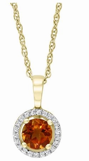Special Moment Minimal Feature 14K Yellow Gold Round Shape Citrine and Diamonds Solitaire Pendant with a 14K Yellow Gold Cable Link Necklace (0.66ctw)