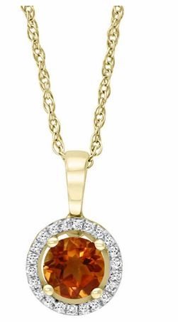 Special Moment Minimal Feature 14K Yellow Gold Round Shape Citrine and Diamonds Solitaire Pendant with a 14K Yellow Gold Cable Link Necklace (0.66ctw)