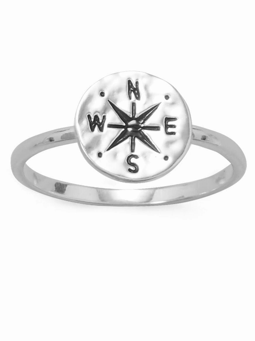Essential Jewelry Nautical Compass Ring Hammered Finish Disk Sterling Silver