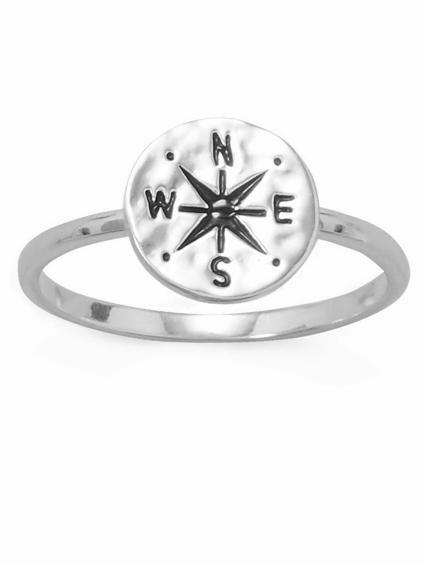 Nautical Compass Ring Hammered Finish Disk Sterling Silver Stylish Product Factory Finished