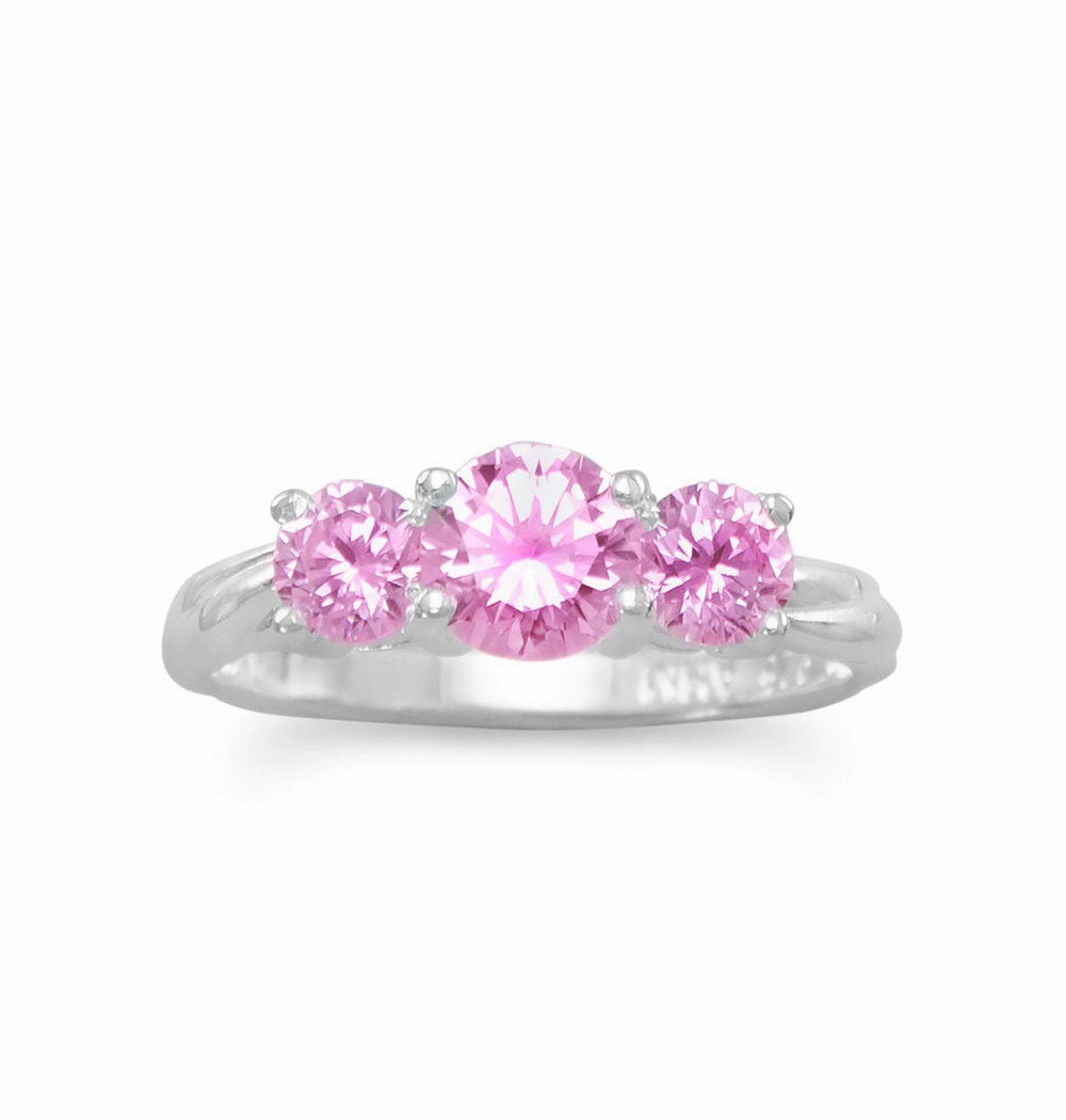 Three Stone Pink Cubic Zirconia Ring Sizes 4-10 Sterling Silver Sentimental Value Everyday Charm