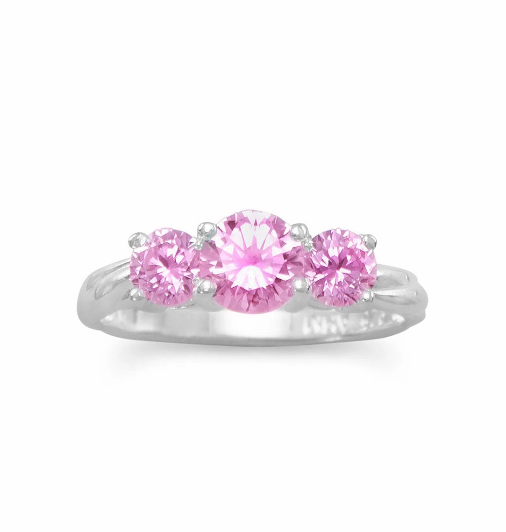 Minimal Geometry Three Stone Pink Cubic Zirconia Ring Sizes 4-10 Sterling Silver