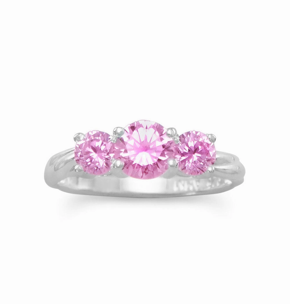 Anniversary Present Acid Proof Three Stone Pink Cubic Zirconia Ring Sizes 4-10 Sterling Silver