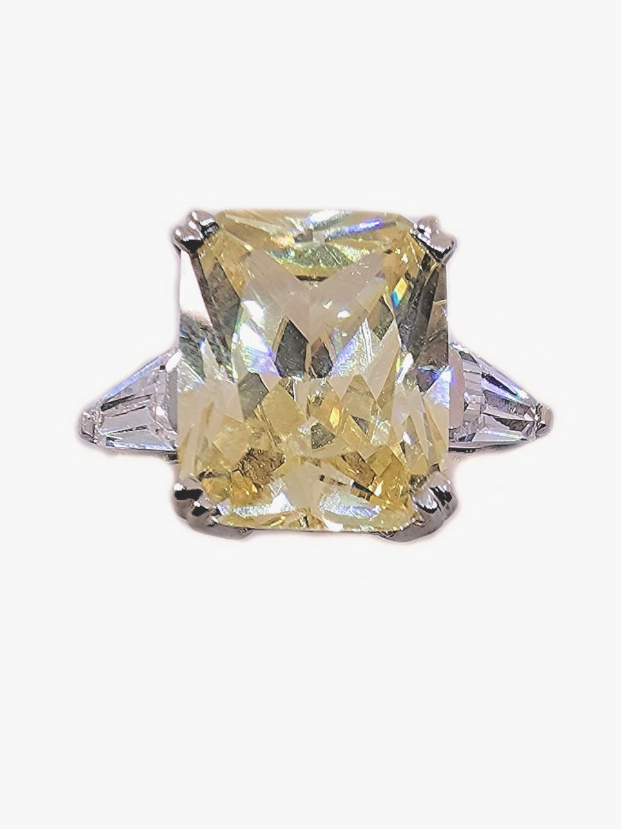 Yellow Cubic Zirconia Rectangle and Baguette Ring Rhodium on Sterling Silver Creative Accessory Beautiful Embellishment