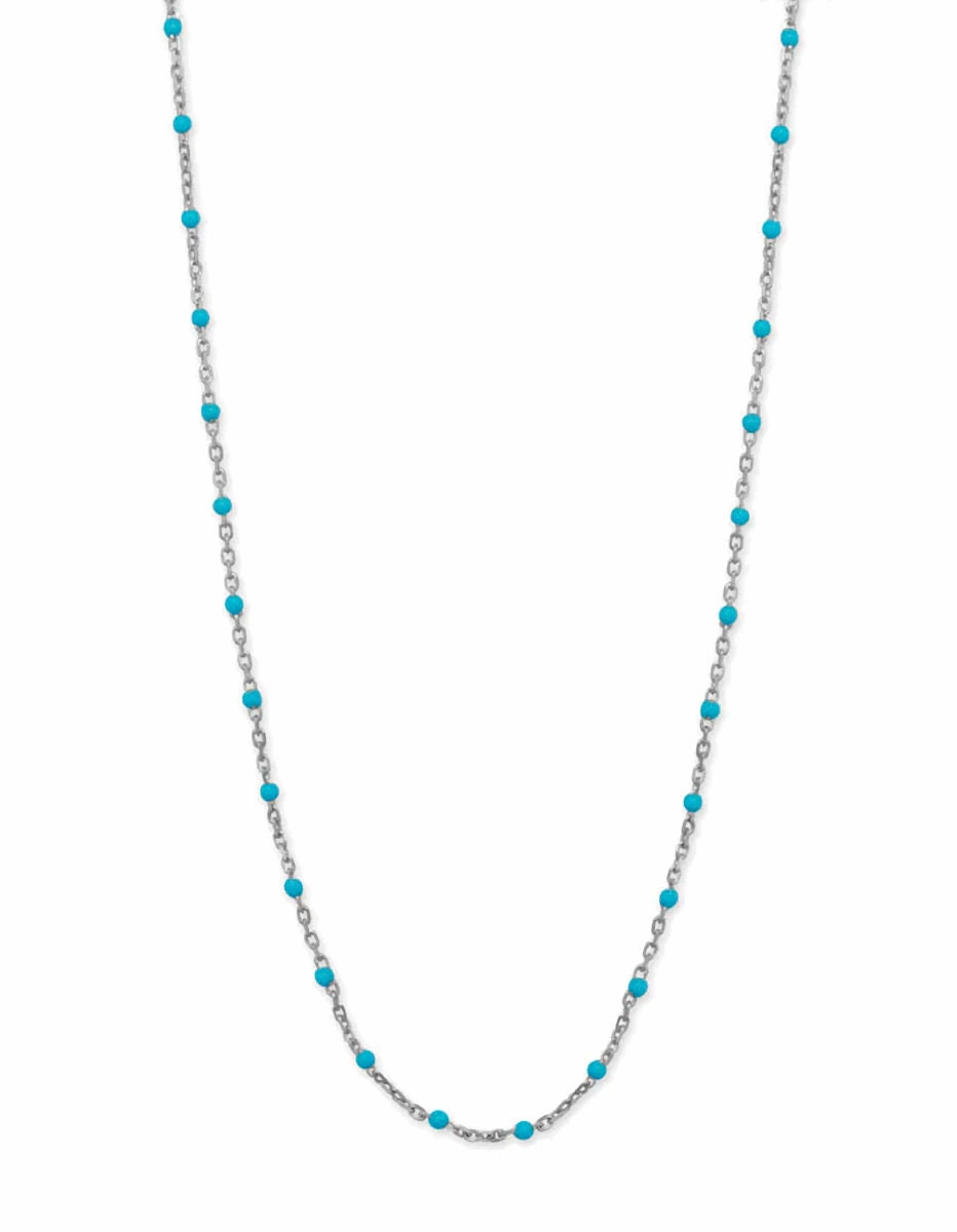 Satellite Chain Necklace with Blue Enamel Beads Rhodium on Silver Soft color