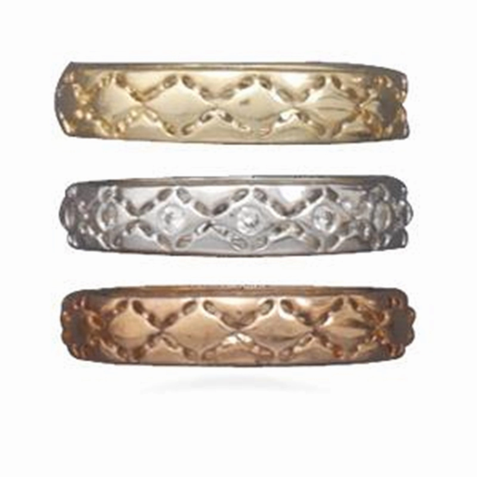 Wildfire Fashion Set of Three Band Rings Tri-tone Rose, Yellow, and Silvertone Bold Ornament Modern Work