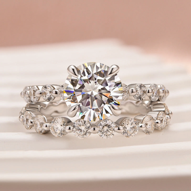 Moissanite 2.0 Carat Round Cut Wedding Ring Set With Eternity Wedding Band feminine grace