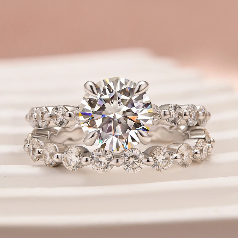 Unique Treasures Finest Touch Moissanite 2.0 Carat Round Cut Wedding Ring Set With Eternity Wedding Band