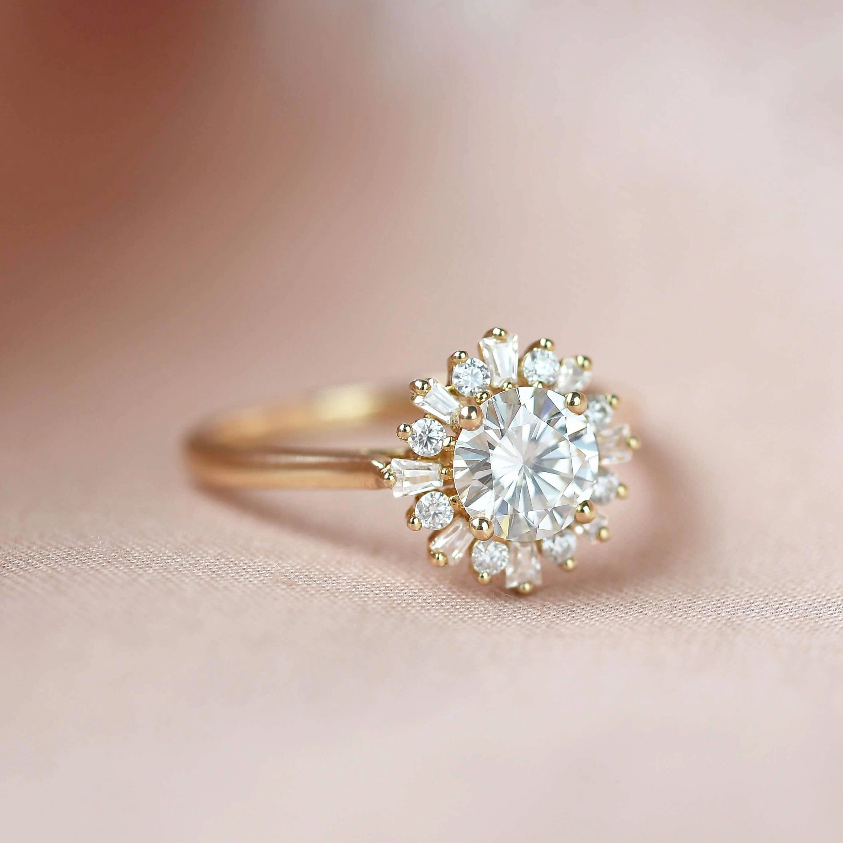 Moissanite Halo Yellow Gold Inspired Ring Flawless Accent
