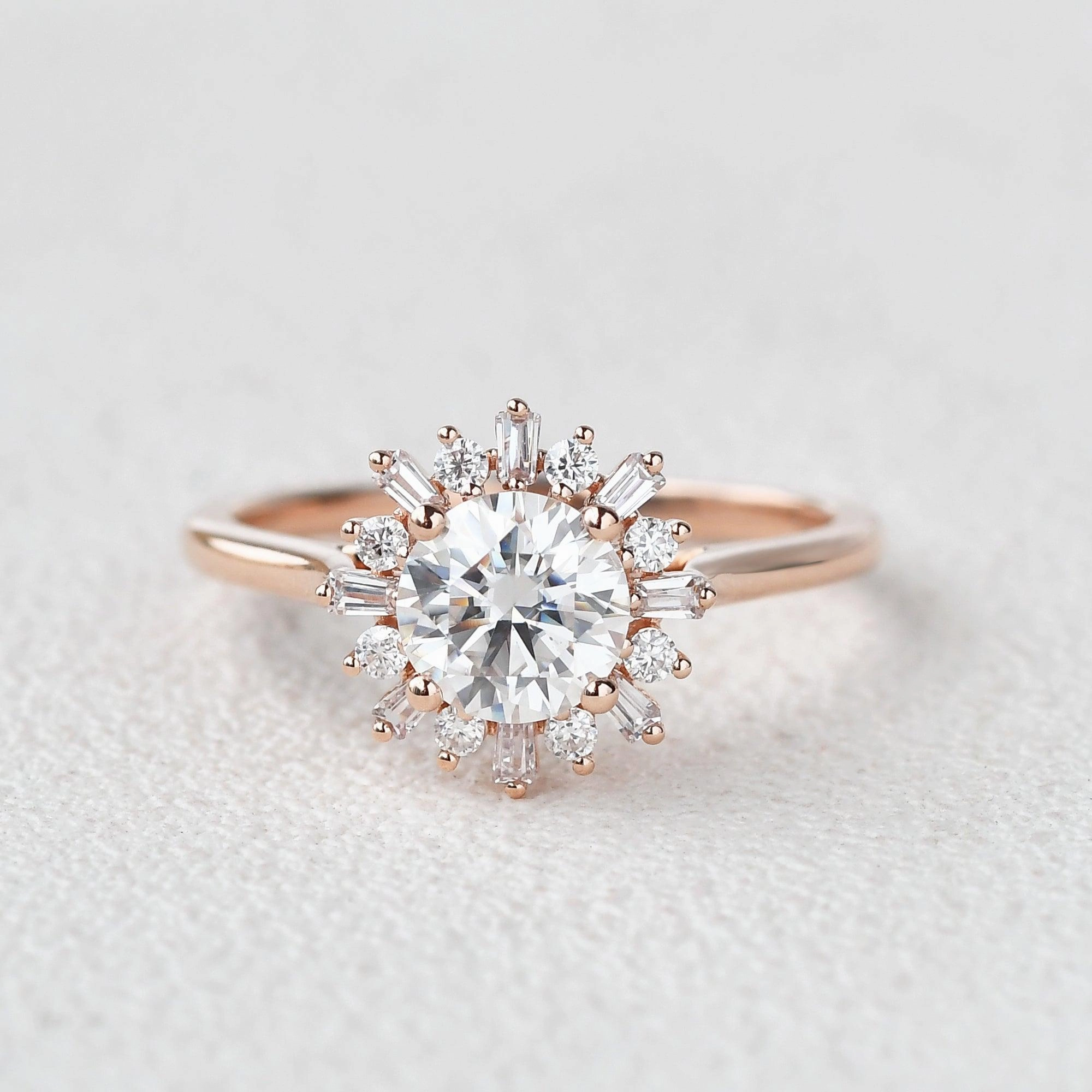 Glam Focus Shaped Precision Moissanite Halo Yellow Gold Inspired Ring