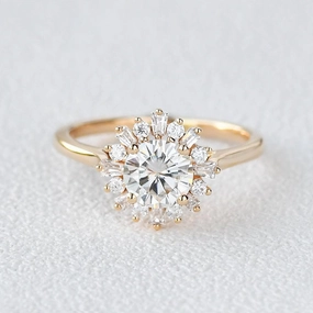 Moissanite Halo Yellow Gold Inspired Ring Versatile Touch Pastel Mood