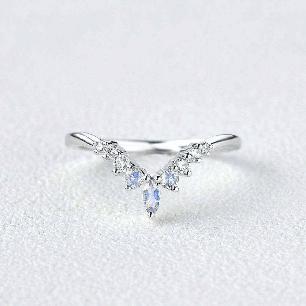 Subtle Highlight Moonstone & Moissanite Band V Shaped Ring