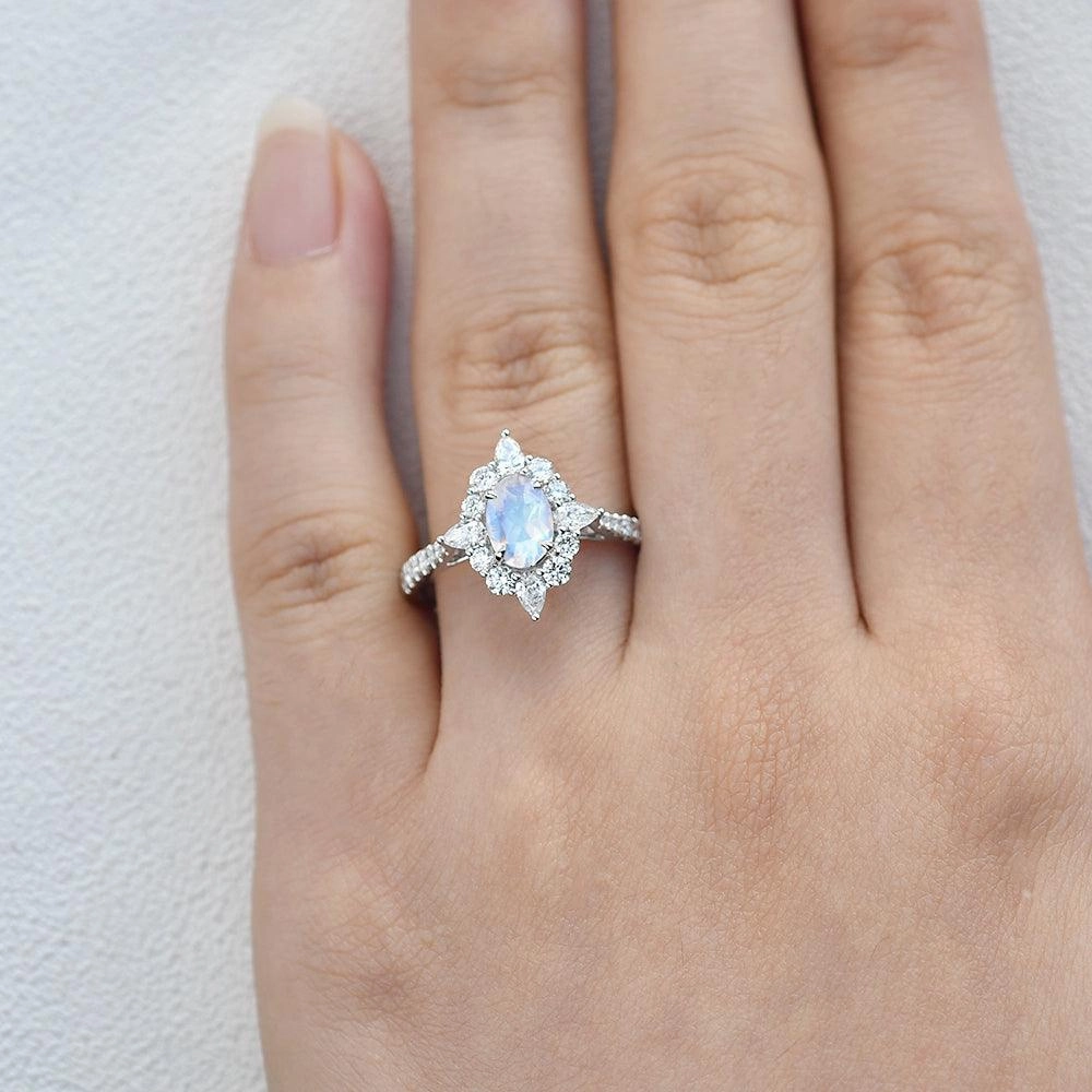 Silver Edge Moonstone & Moissanite Inspired Halo Ring