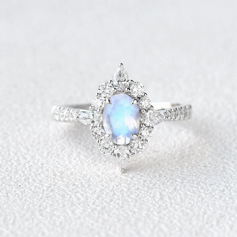 Moonstone & Moissanite Inspired Halo Ring Formal Vibe
