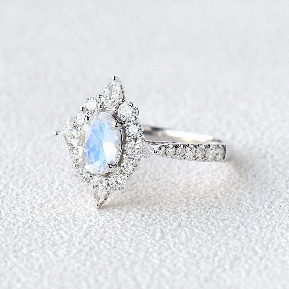 Textured Highlight Bright design Moonstone & Moissanite Inspired Halo Ring