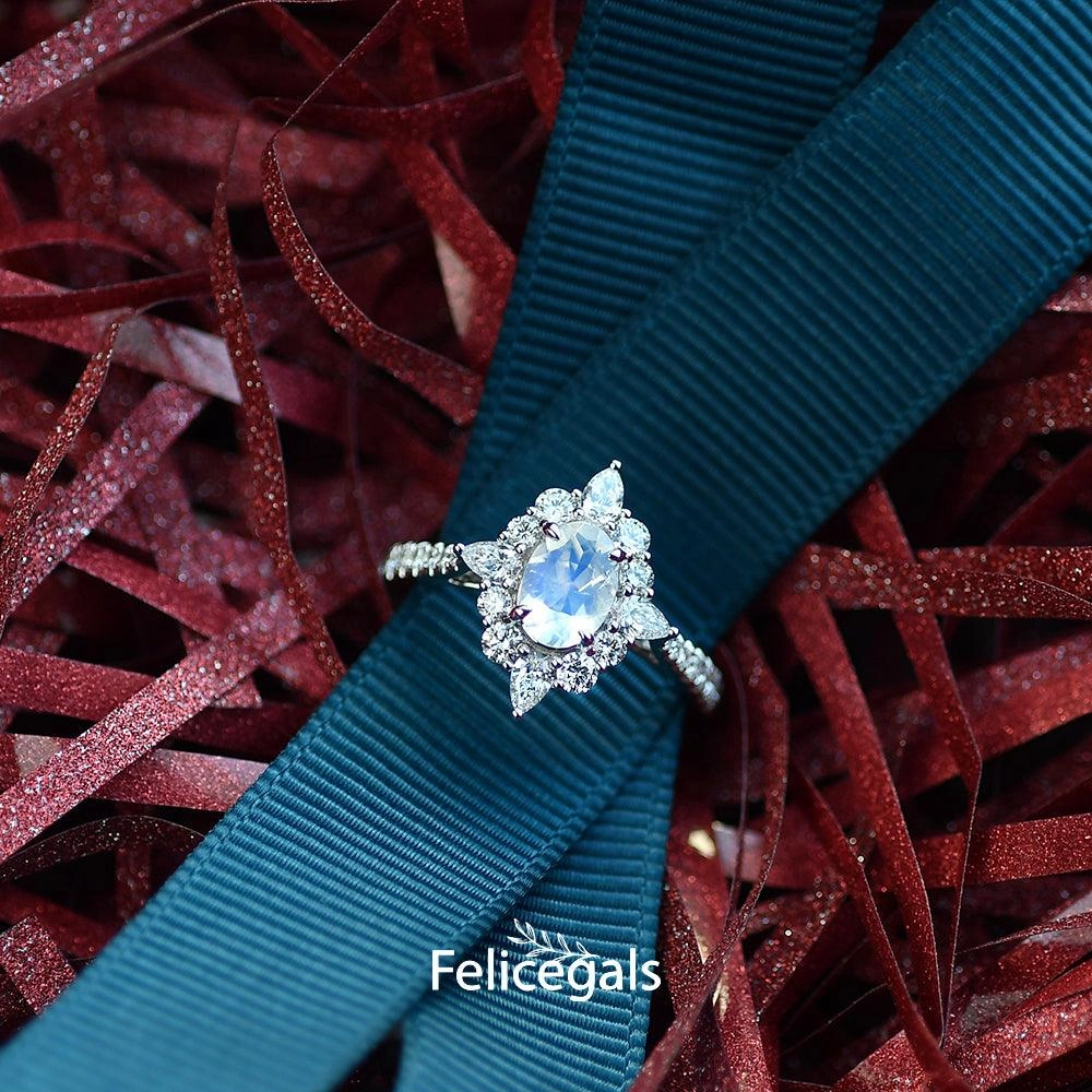 Moonstone & Moissanite Inspired Halo Ring Premium Quality Shine Moment
