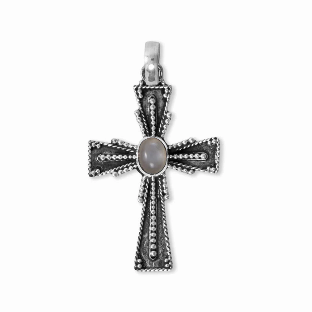 Moonstone Cross Pendant Handmade in Bali Sterling Silver with Oxidized Finish and Bead Design, Pendant Only Ethereal Detail Classic Sparkle