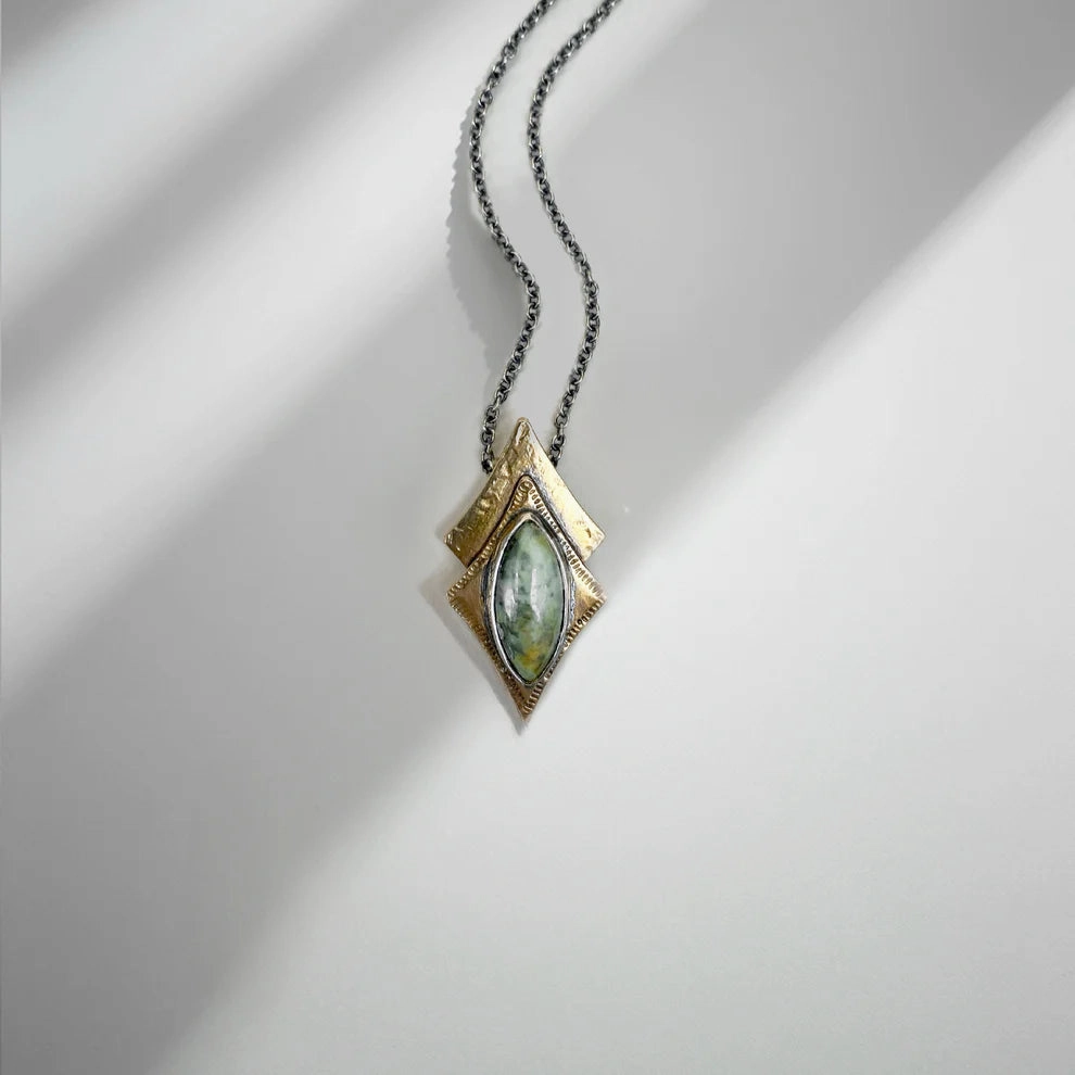 Multicultural Piece For Colleague Morning Star Necklace - Oxidized Brass, Sterling Silver   African Turquoise