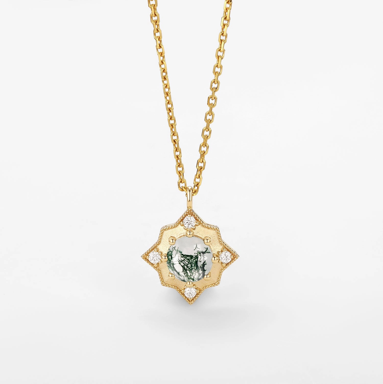 Exclusive Craft Boho Style Moss Agate & Moissanite Snowflake Vintage Necklace