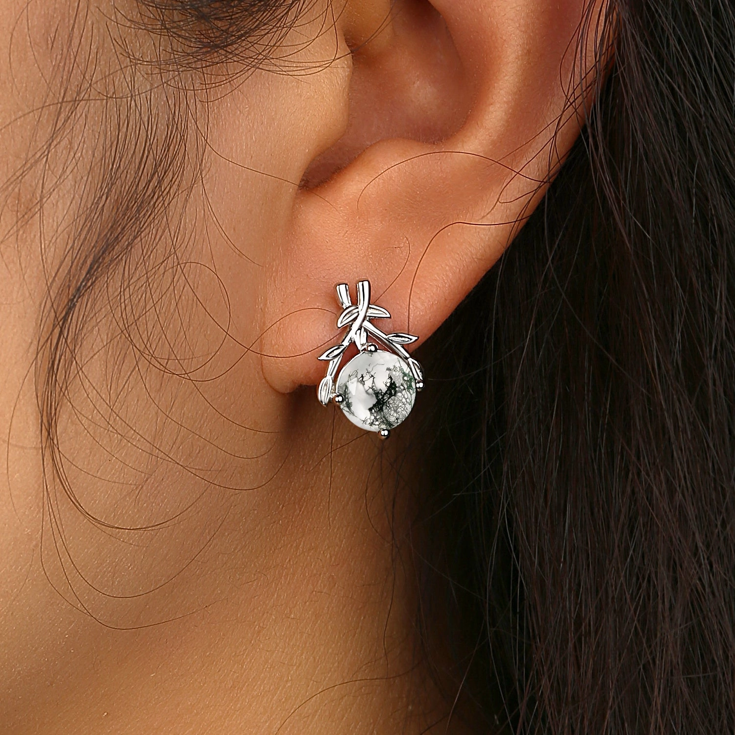 Moss Agate Round Shaped Leaf Vine White Gold Earrings Unique Creation Fashion Treasures