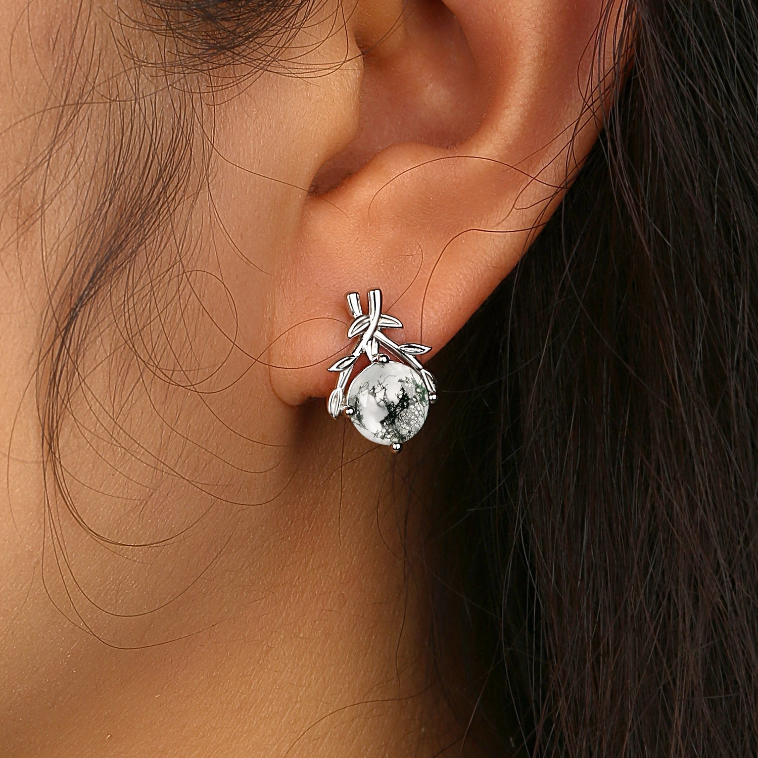 Moss Agate Round Shaped Leaf Vine White Gold Earrings Special Look