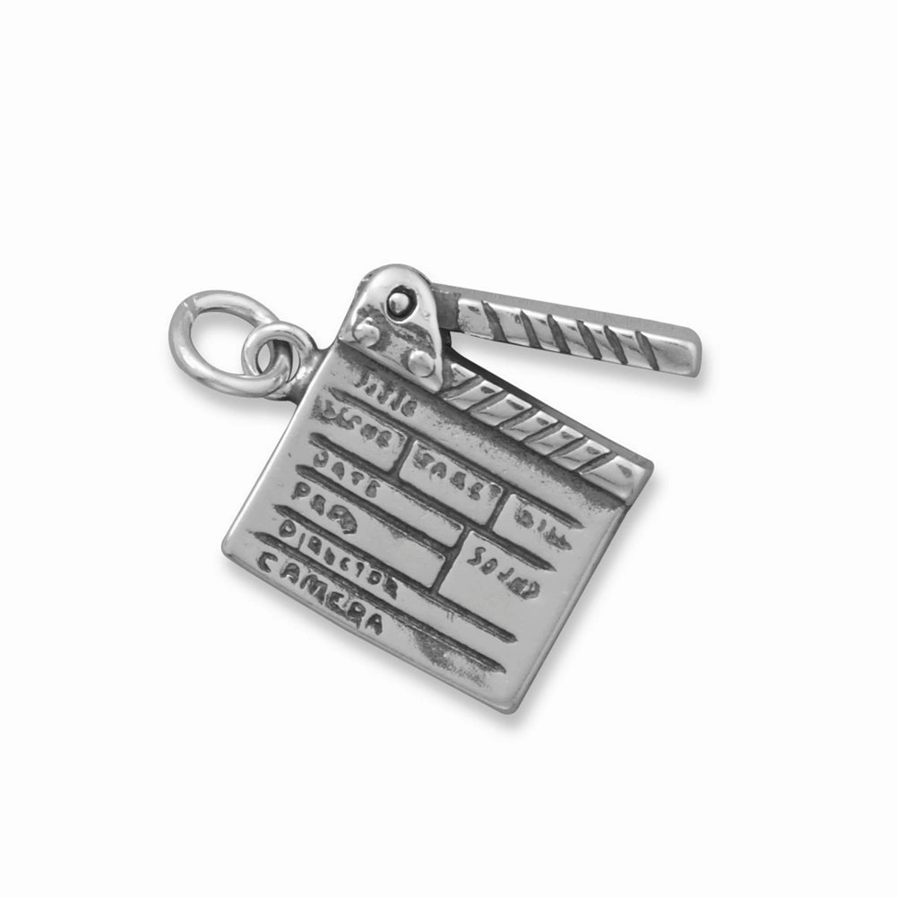 Movie Clapboard Charm Antiqued Sterling Silver - Moveable Sparkle Surface Radiant Touch