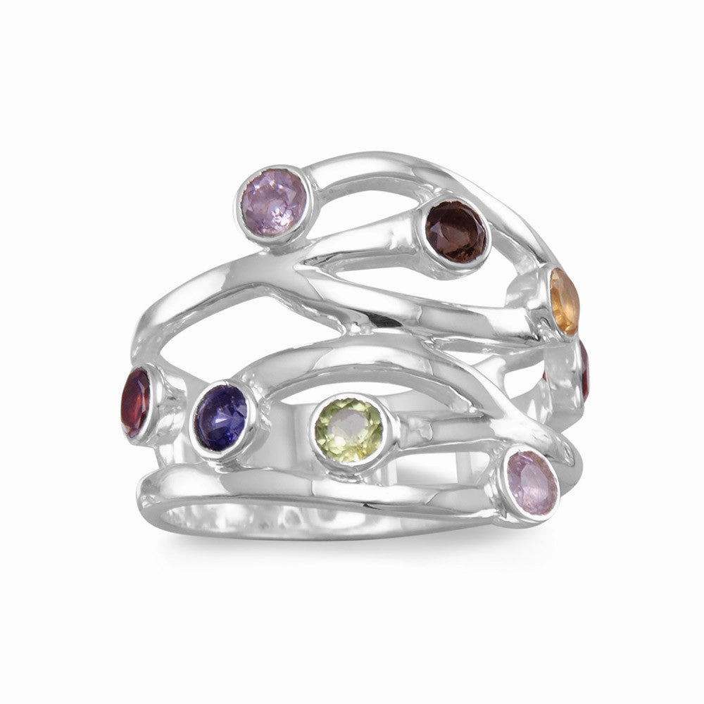 Romantic Style Exclusive Embellishment Multistone Amethyst, Garnet, Iolite, Citrine, Peridot Sterling Ring