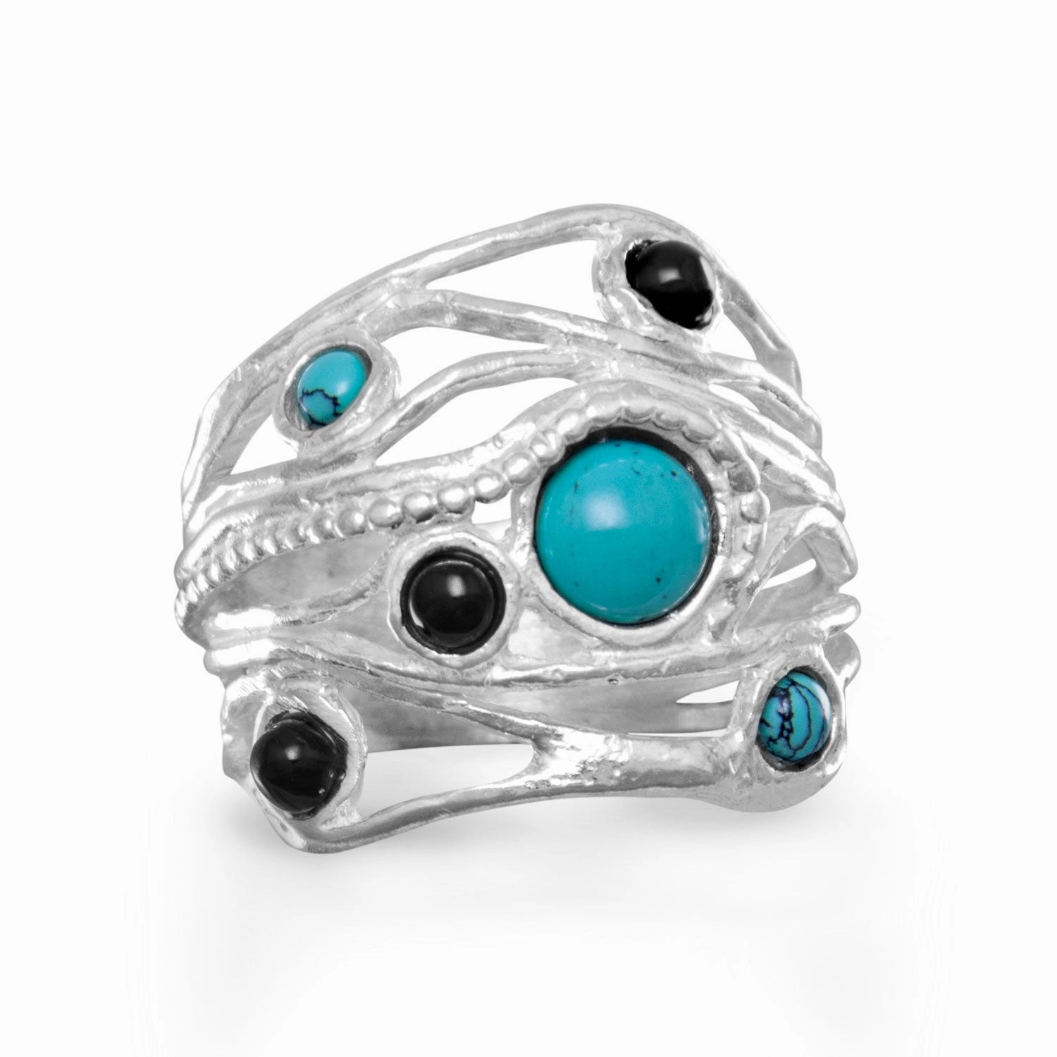 Polished Appearance Ornate Adornment Multistone Sterling Silver Ring Made in Israel