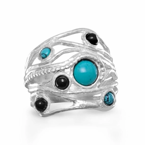 Polished Appearance Ornate Adornment Multistone Sterling Silver Ring Made in Israel