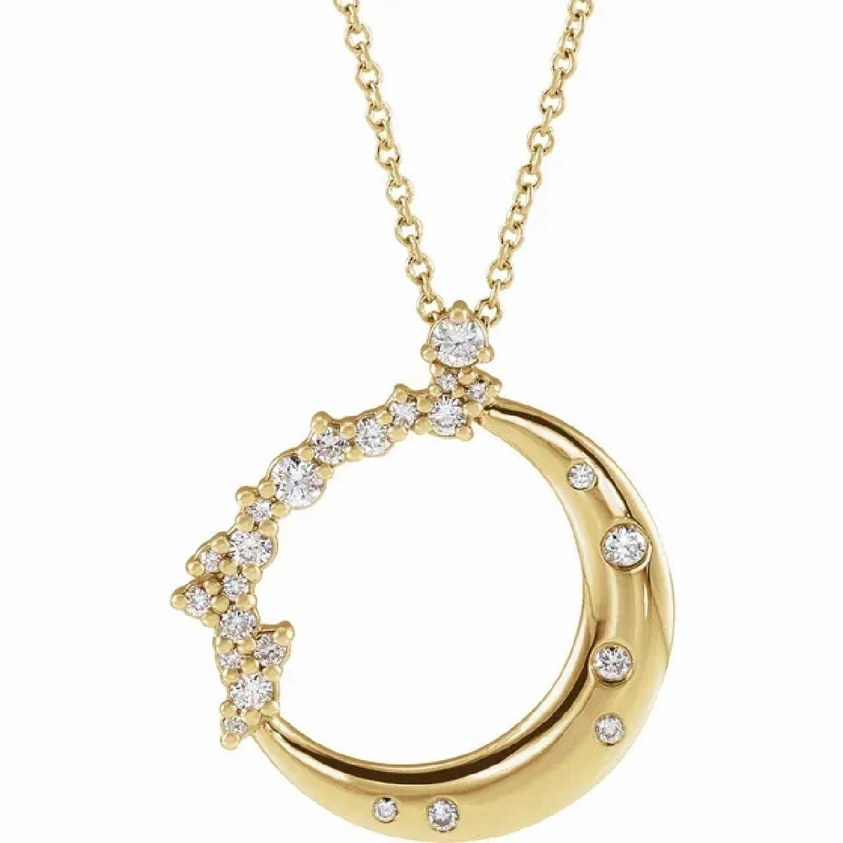 Diverse Fit My Brightest Star 14K Yellow Gold 1/4ctw  Crescent Moon and Stars Diamond Pendant with a 14K Yellow Gold Cable Link Necklace (0.25ctw)