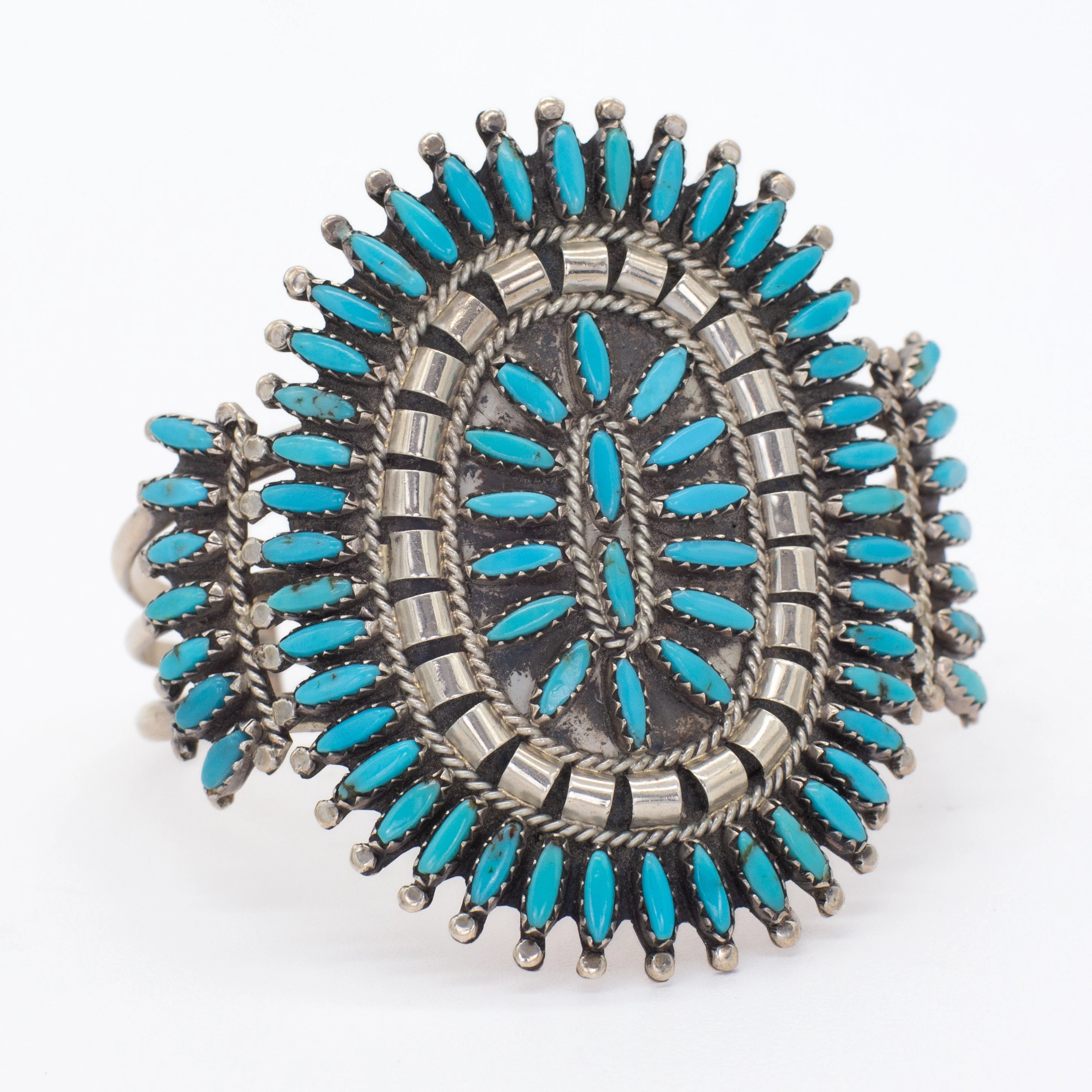 Nathaniel & Rosemary Nez Navajo Handmade Sterling Silver Turquoise Needlepoint Cuff Bracelet Modern Layer