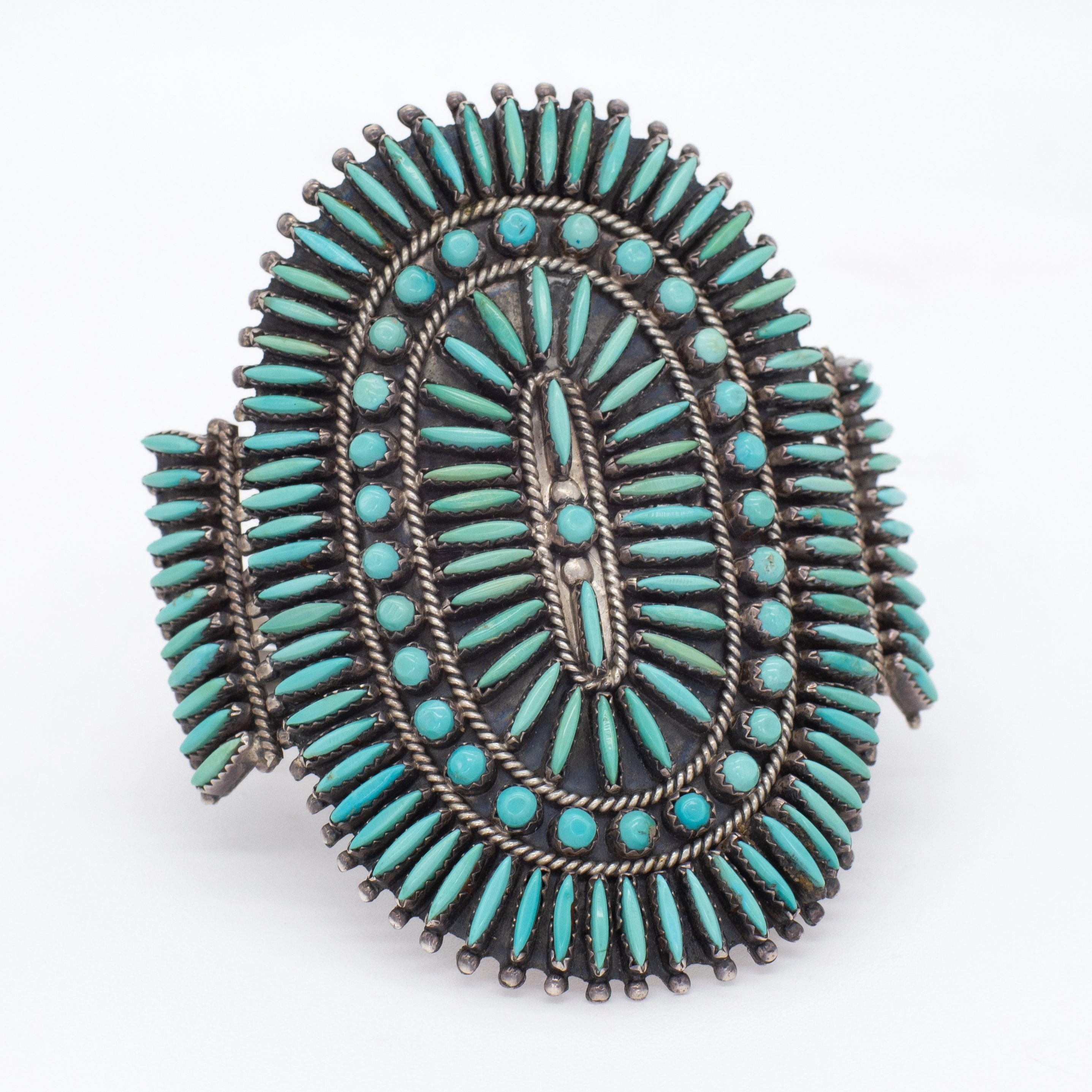 Nathaniel & Rosemary Nez Navajo Handmade Sterling Silver Turquoise Needlepoint Cuff Bracelet Exclusive Finish