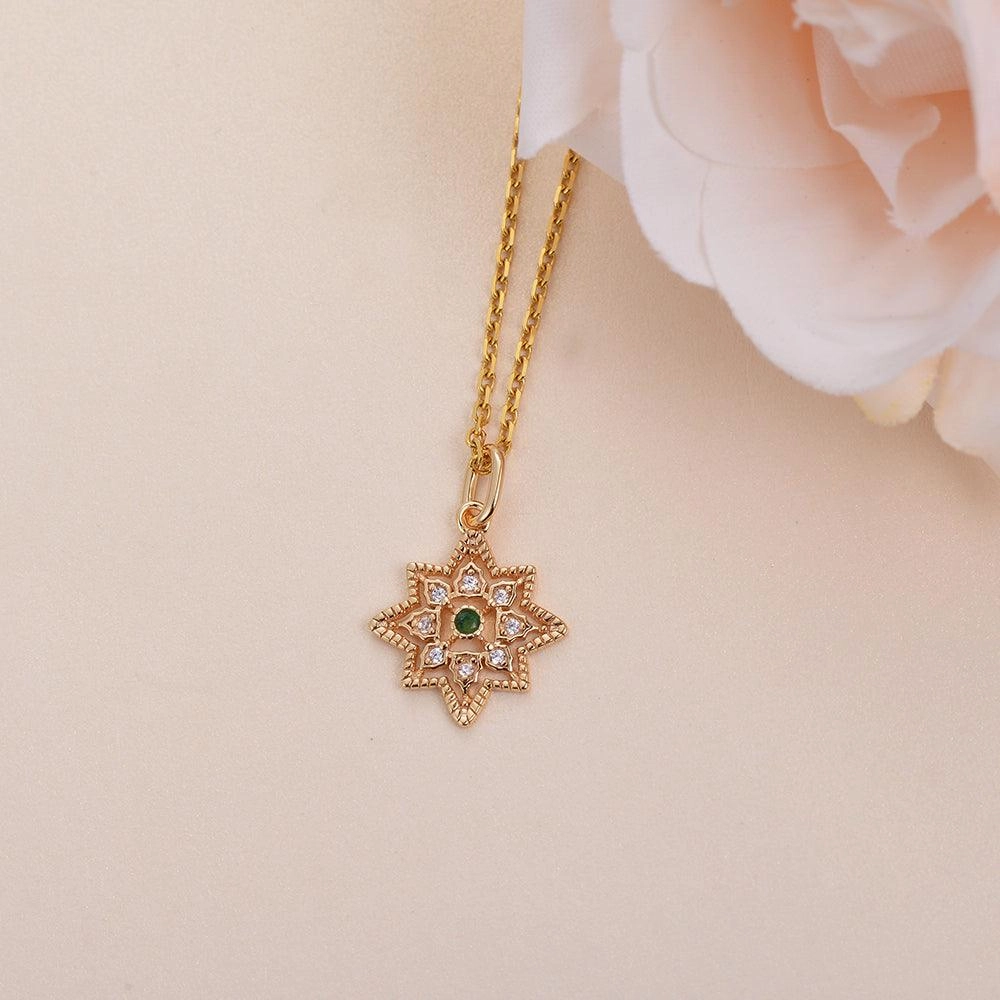 Natural Emerald & Moissanite Vintage Inspired Rose Gold Necklace Vibrant Feel