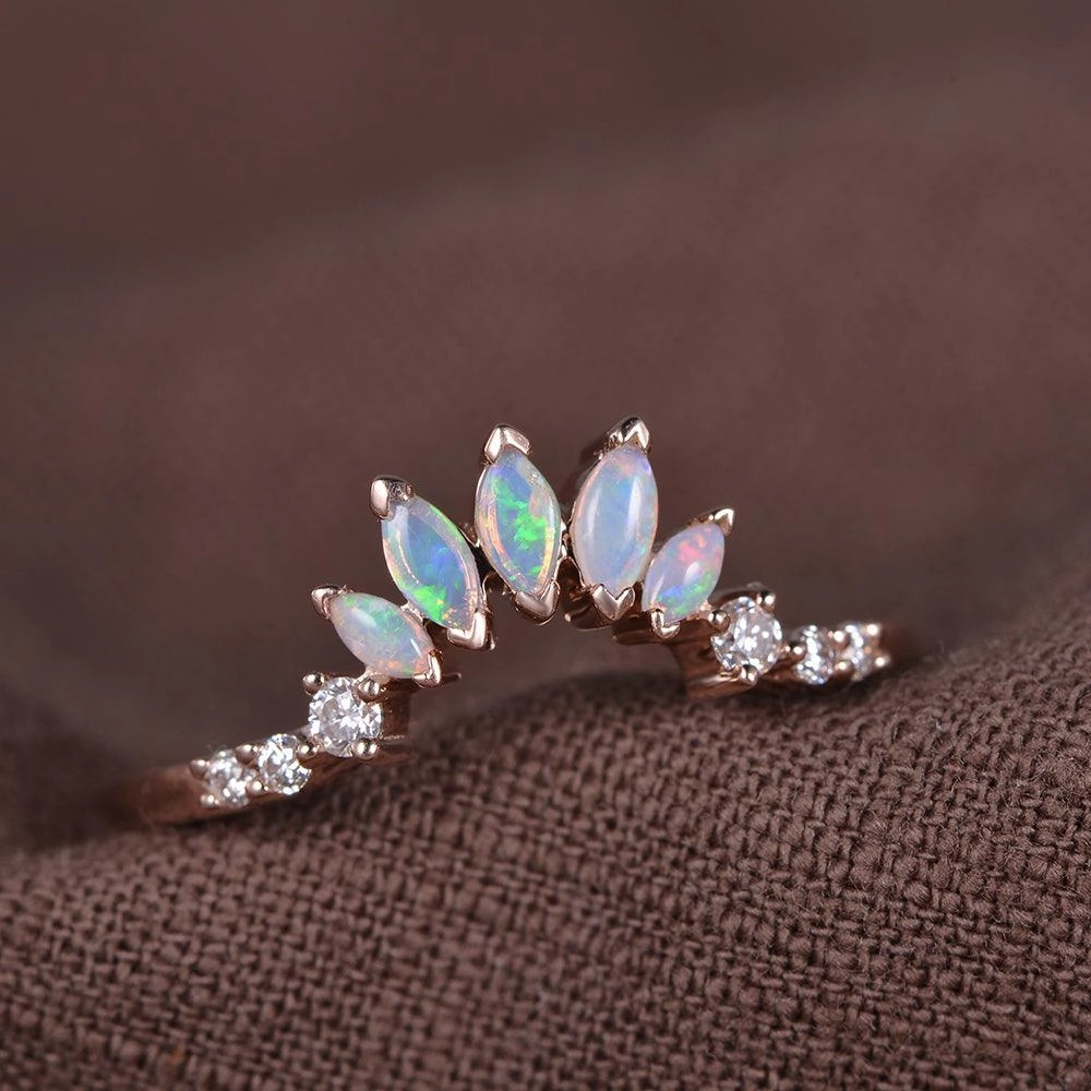 Structured Shape Fashion Glow Natural Marquoise Opal Band Ring