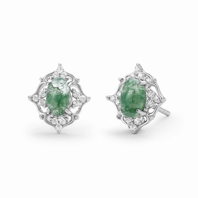 Silhouetted Shine Natural Moss Agate & Moissanite White Gold Earrings