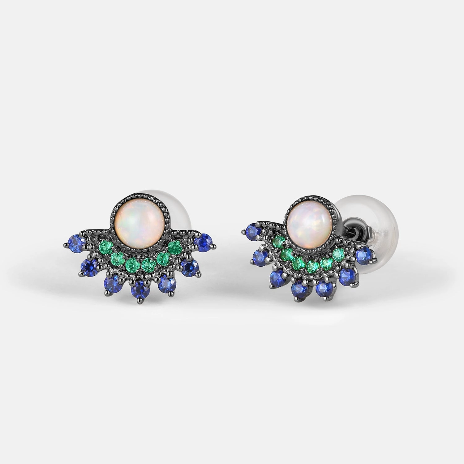 Glam Light Unique Creation Natural Opal & Emerald & Sapphire Vintage Inspired Earrings