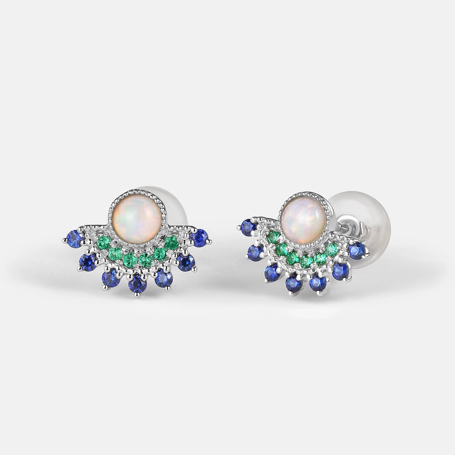 Stylish Touch Elegant Embellishments Natural Opal & Emerald & Sapphire Vintage Inspired Earrings