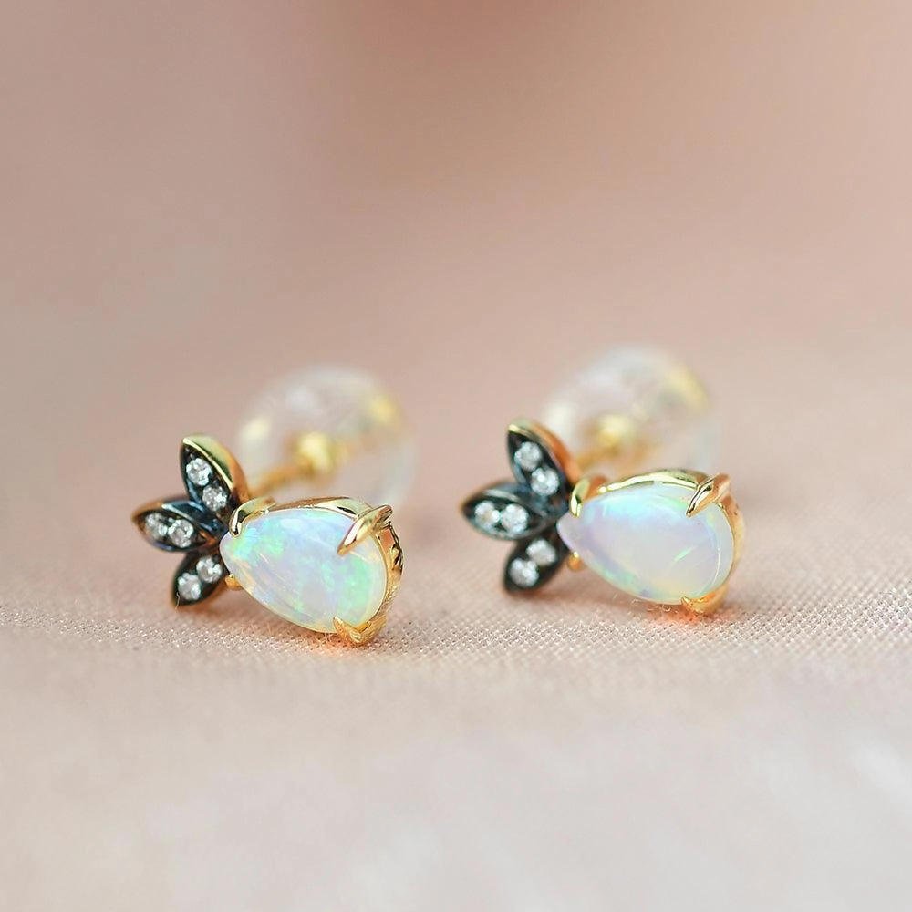 Natural Opal & Full Facet Diamond Inspired Yellow Gold Earrings Ornate Edge