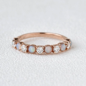 Natural Opal & Moissanite Band Rose Gold Ring Fashion Layer Mixed Metals