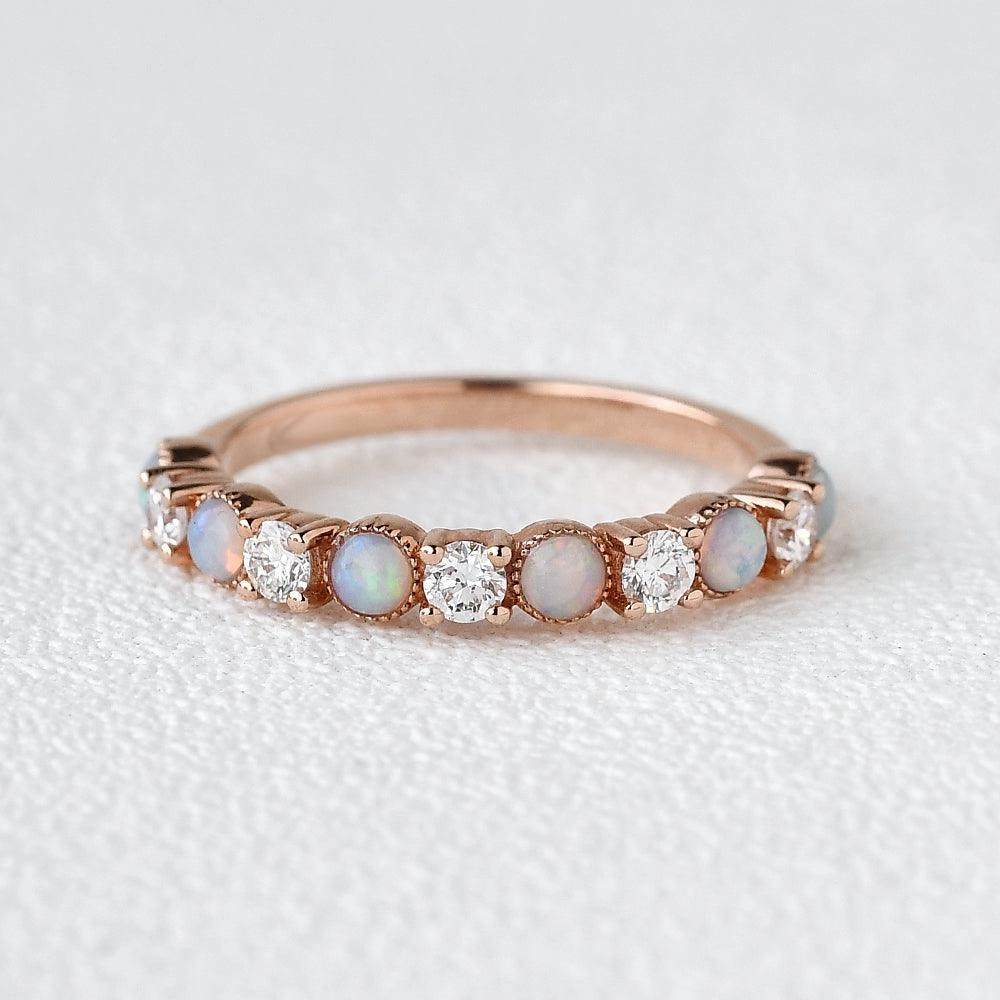 Natural Opal & Moissanite Band Rose Gold Ring Fashion Layer Mixed Metals