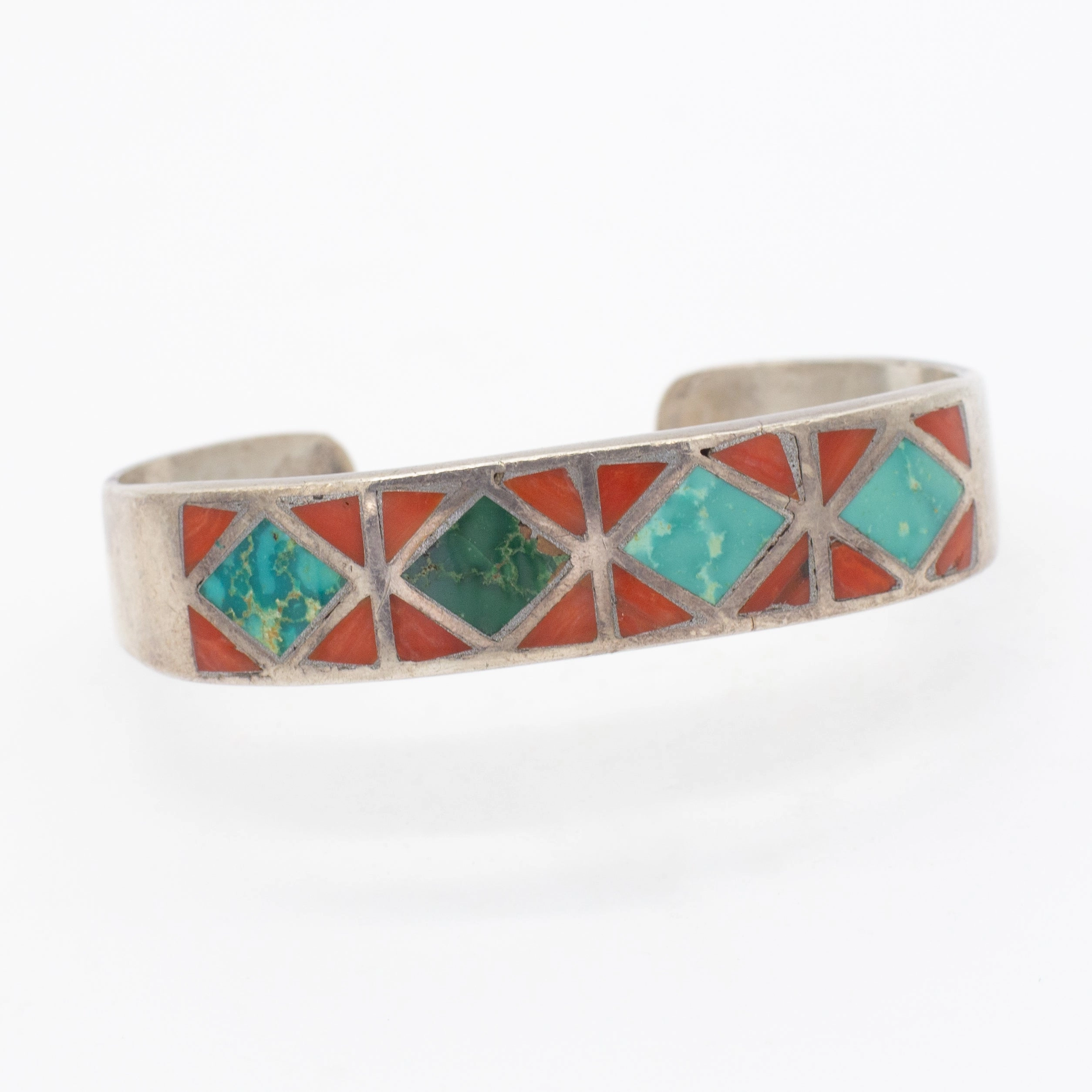 Impeccable Touch Romantic Feature Navajo Handmade Sterling Silver Turquoise Coral Cuff Bracelet (Hallmark Unknown)